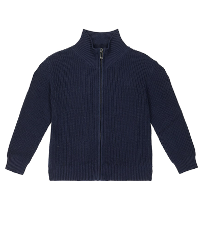 Il Gufo Kids' Ribbed-knit Cotton Zip-up Cardigan In Blue