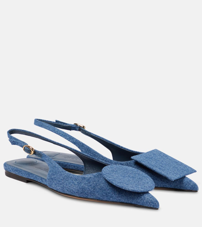 Jacquemus Les Slingback Duele Plates Blue Flat Sandals With Geometric Shapes In Denim Woman