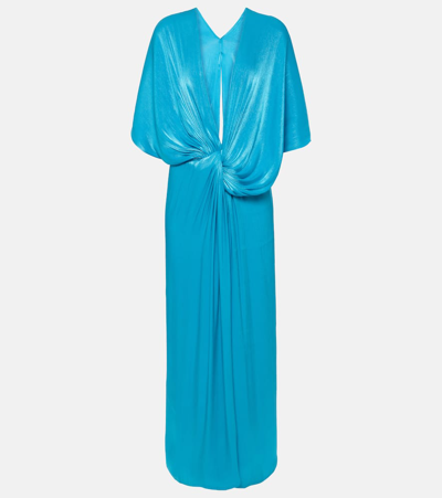 Costarellos Roanna Draped Lamé Georgette Gown In Blue