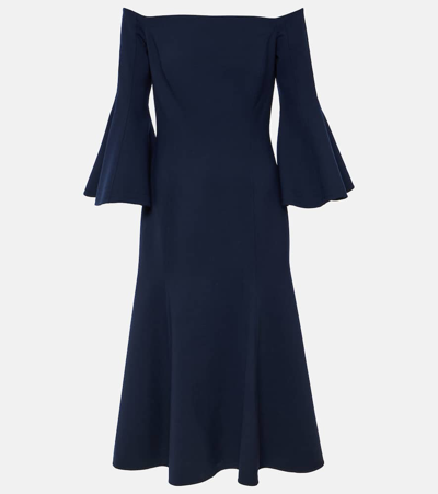 Oscar de la Renta Scoop-Neck Ruffle 3/4-Sleeve Belted Crepe Midi