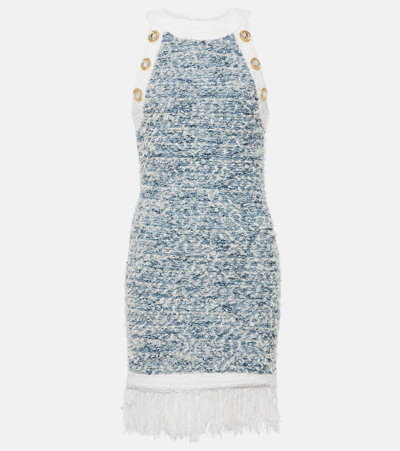 Balmain Fringed Denim Tweed Dress In Blue