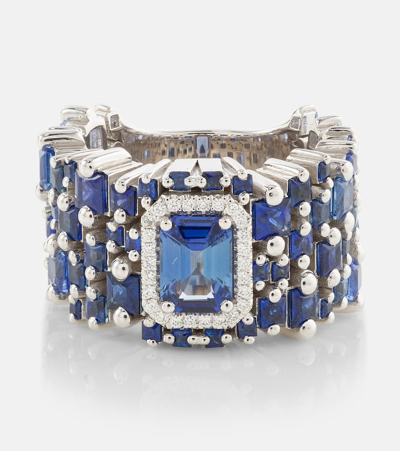 Suzanne Kalan One Of A Kind 18kt White Gold Ring With Blue Sapphires And Diamonds In Metallic