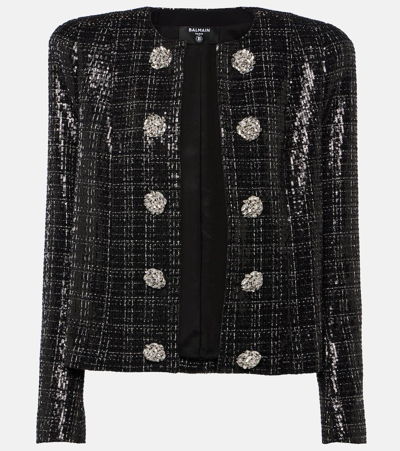 Balmain Sequin-embellished Tweed Jacket In Black