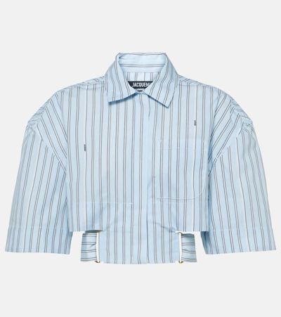 Jacquemus Bari Cropped Cutout Striped Cotton-poplin Shirt In Blue