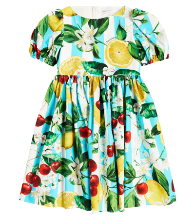 Dolce & Gabbana Kids' Kleid Aus Baumwolle Mit Fruchtdruck In Grün