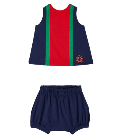 Gucci Baby Cotton Dress And Bloomers Set In Blue