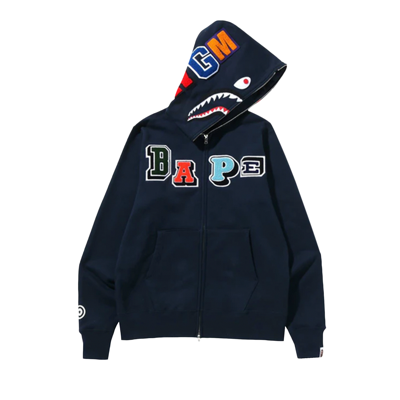 Pre-owned Bape Multi Fonts Shark Full Zip Hoodie 'navy' In Blue