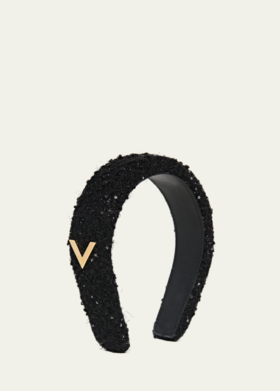 Valentino Garavani Tweed V Logo Headband In N06 Nero Oro