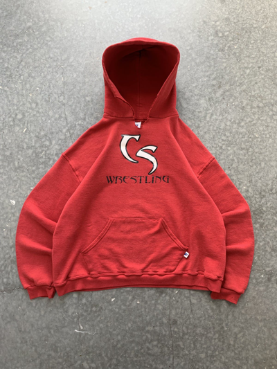 Pre-owned Russell Athletic X Vintage Crazy Vintage Y2k Russell Hoodie Boxy Cropped Fit In Red