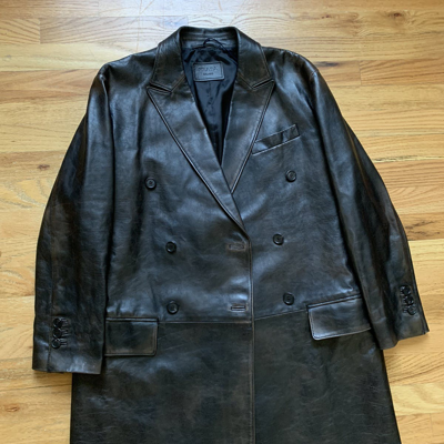 Pre-owned Prada Fw2018 Aged Patina Calf Leather Double Breasted Long Coat In Brown