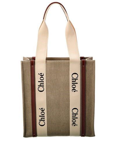 Chloé Woody Canvas And Leather Tote Bag In Brown