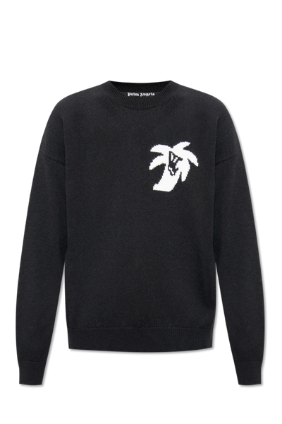 Palm Angels Black Sweater With Motif Of Palm Tree In New