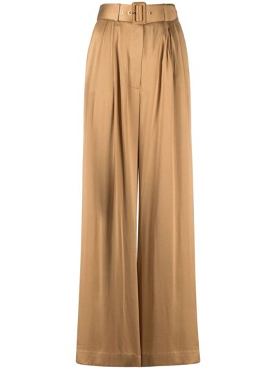 Zimmermann Belted Pleated Silk-satin Wide-leg Pants In Sand