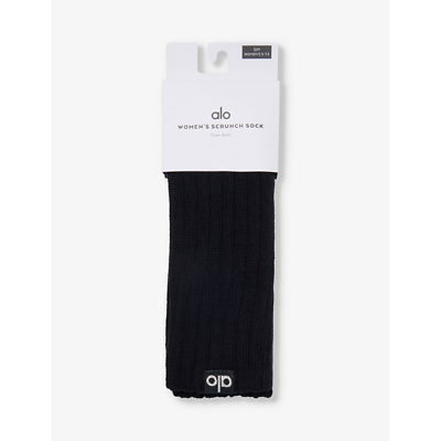Alo Yoga Womens Black Logo-patch Crew-length Cotton-blend Socks
