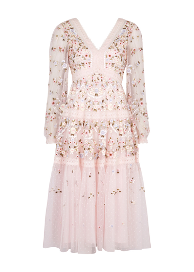 Needle & Thread Garland Floral-embroidered Tulle Midi Dress In Pink