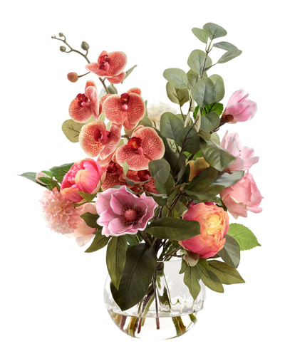 D&w Silks Magnolias, Peonies, And Dahlias In Glass Ball In Pink