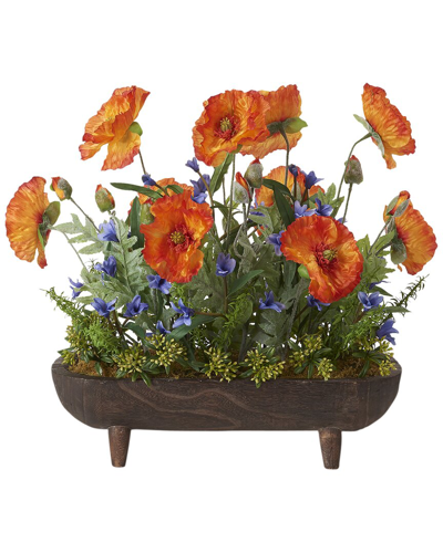 D&w Silks Orange Poppies And Blue Wild Flowers In Oblong Wooden Planter With Legs