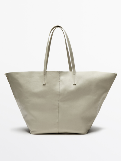 Massimo Dutti Nappa Leather Tote Bag In White
