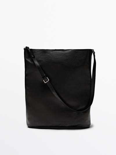Massimo Dutti Nappa Leather Bucket Bag In Black