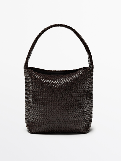 Massimo Dutti Woven Nappa Leather Bucket Bag In Brown
