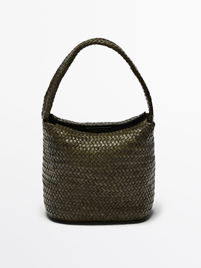 Massimo Dutti Woven Nappa Leather Bucket Bag In Khaki