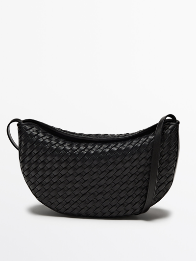 Massimo Dutti Plaited Nappa Leather Half-moon Bag In Black