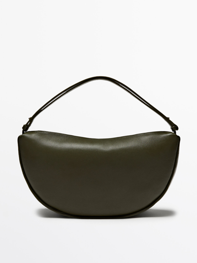 Massimo Dutti Nappa Leather Half Moon Bag In Khaki