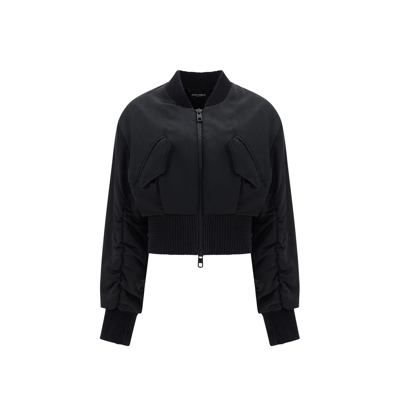 Dolce & Gabbana Short Duchesse Bomber Jacket With Draped Sleeves In Black