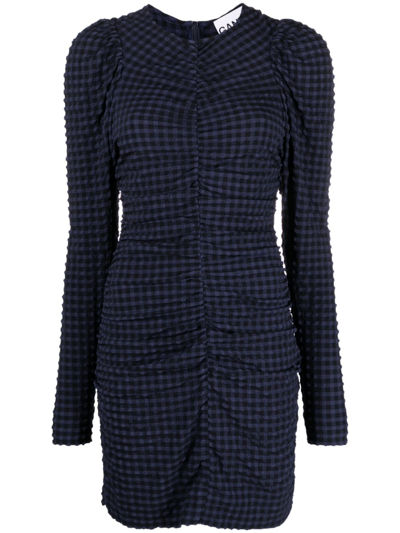 GANNI BLUE CHECKERED SEERSUCKER O-NECK MINI DRESS