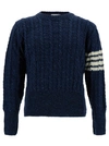 THOM BROWNE TWIST CABLE CLASSIC CREW NECK PULLOVER IN DONEGAL W/ 4 BAR STRIPES