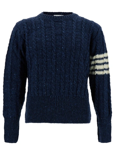 Thom Browne Twist Cable Classic Crew Neck Pullover In Donegal W/ 4 Bar Stripes In Black