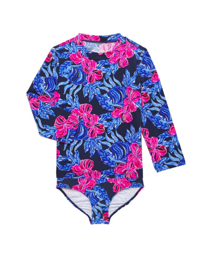Lilly Pulitzer Babies' Little Girl's & Girl's 2-piece Bobby Rashguard Long-sleeve Swim Set In Low Tide Navy Its Ofishell