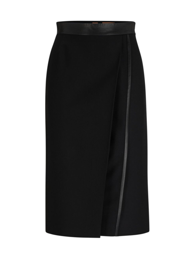 Hugo Boss Women's Pencil Skirt In Wool Twill With Faux-leather Trims In Black