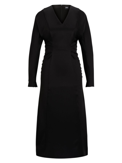 Hugo Boss Gathered-detail Regular-fit Dress In Soft Satin In Black