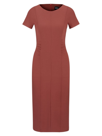 Hugo Boss Slit-front Business Dress With Gathered Details In Dark Red