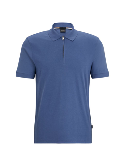 Hugo Boss Structured-cotton Slim-fit Polo Shirt With Zip Placket In Light Blue