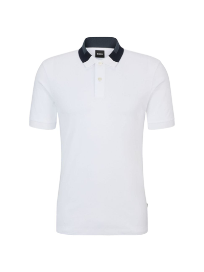 Hugo Boss Interlock-cotton Slim-fit Polo Shirt With Colour-blocked Collar In White