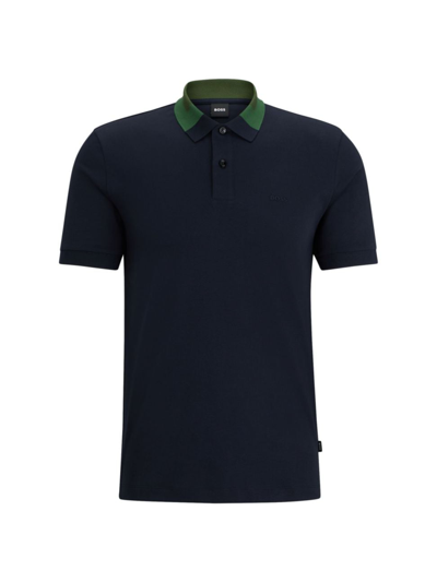 Hugo Boss Interlock-cotton Slim-fit Polo Shirt With Colour-blocked Collar In Dark Blue