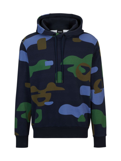 Hugo Boss Mercerised-cotton Regular-fit Hoodie With Seasonal Pattern In Blue Multi