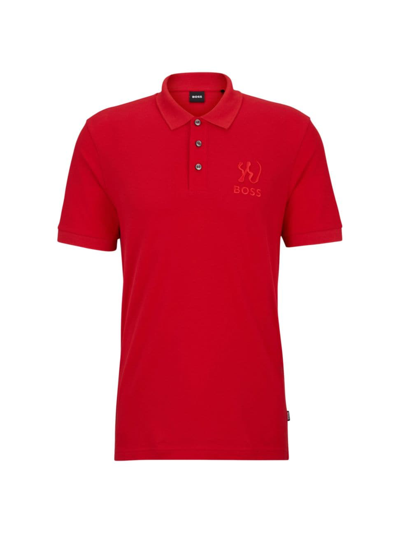 Hugo Boss Mercerized-cotton Polo Shirt With Special Artwork In Red