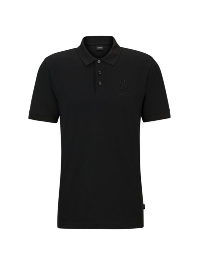 Hugo Boss Mercerized-cotton Polo Shirt With Special Artwork In Black