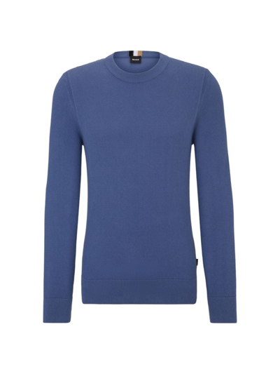 Hugo Boss Micro-structured Crew-neck Jumper In Cotton In Light Blue