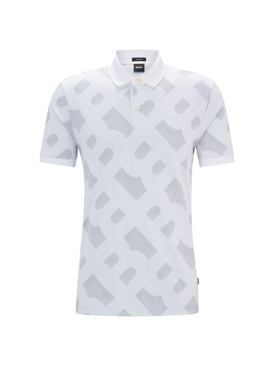 Hugo Boss Monogram-jacquard Polo Shirt In Mercerized Stretch Cotton In White
