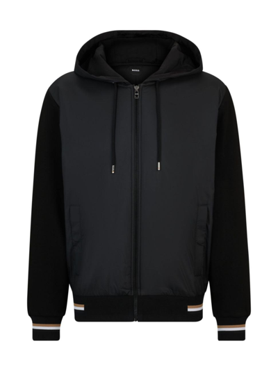 Hugo Boss Mixed-material Zip-up Hoodie With Signature-stripe Trims In Black