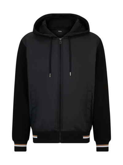 HUGO BOSS MEN'S MIXED-MATERIAL ZIP-UP HOODIE