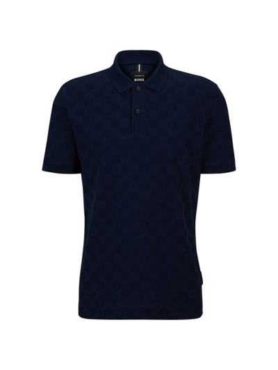 Hugo Boss Porsche X Boss Mercerized-cotton Polo Shirt With Check Structure In Dark Blue