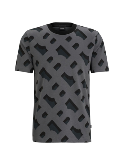 Hugo Boss Monogram-jacquard T-shirt In Mercerized Stretch Cotton In Black