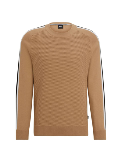 Hugo Boss Cotton Sweater With Color-blocking And Mesh Detail In Medium Beige