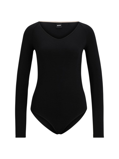 Hugo Boss Slim-fit Bodysuit In Stretch Jersey With Wide Neckline In Black