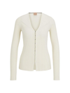 Hugo Boss Ribbed Cardigan In Stretch Fabric With Hook Closures In Natural